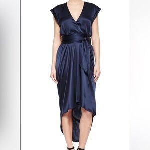 Alice & Olivia Toni V-Neck Navy Satin Hi Low Dress SIZE 4